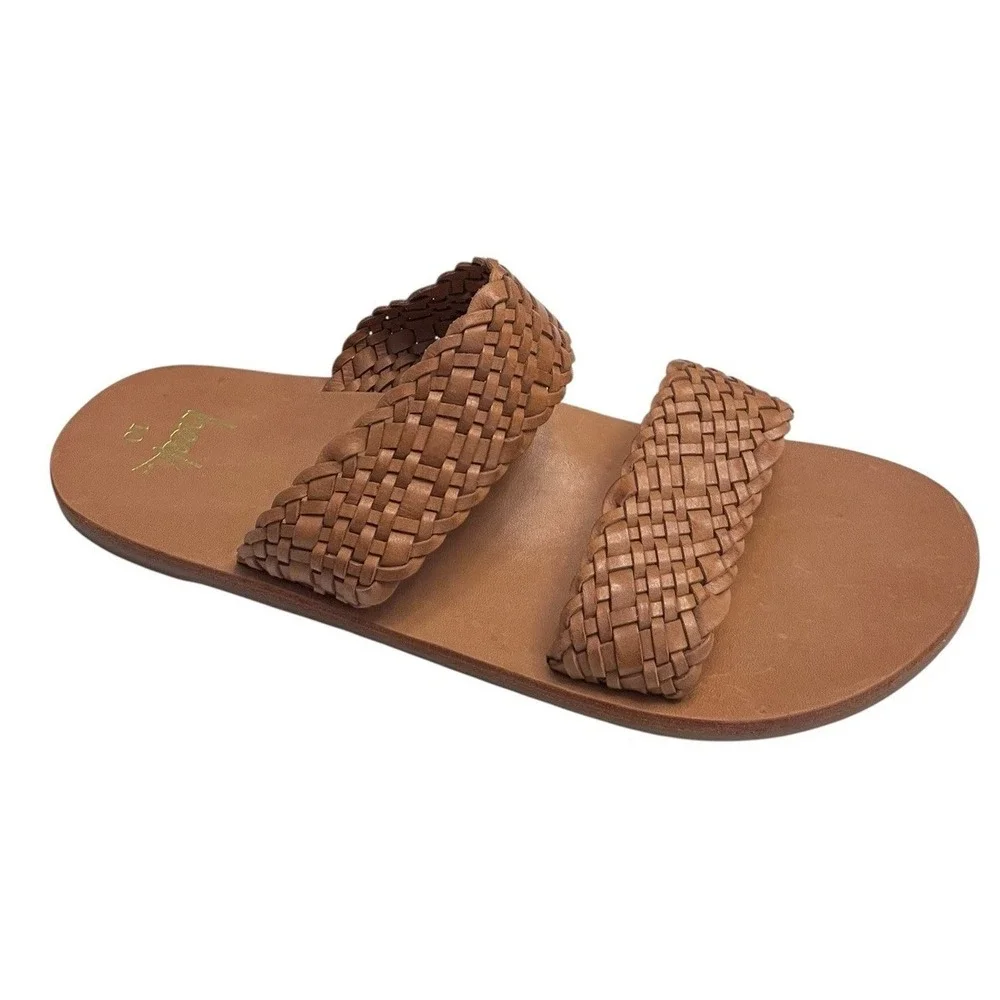 New BEEK Sz 10 Flicker Sandal Woven 100% Leather Tan Women's Double Strap Slide